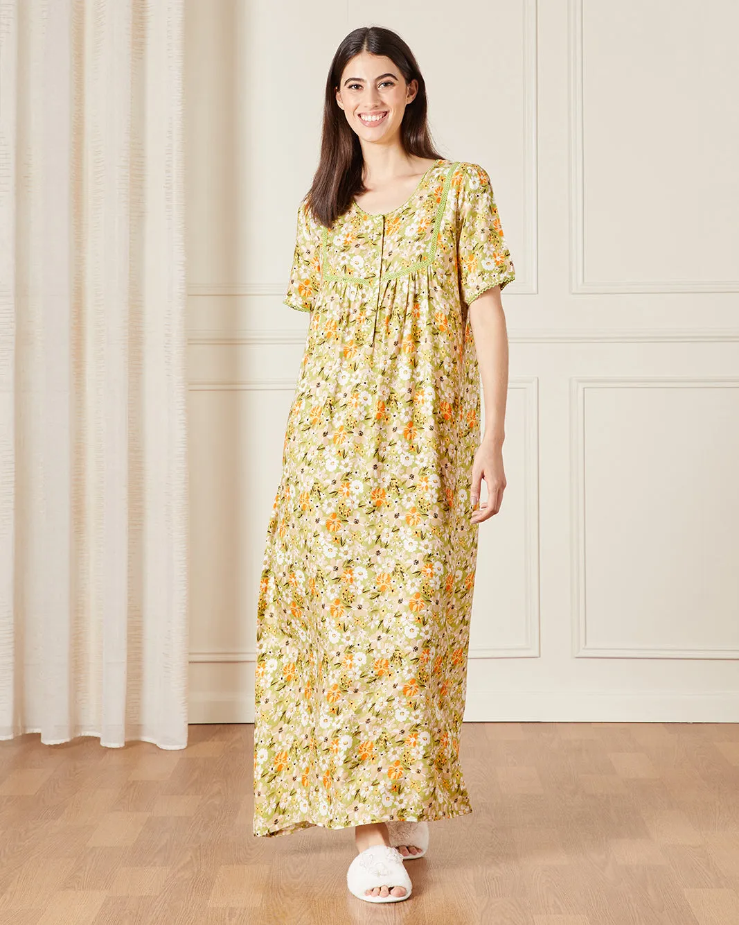 Women Yellow Printed Nightgown sold by Redtag