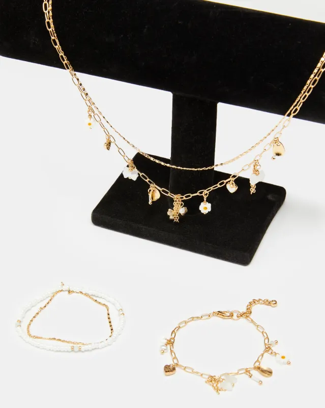 Girls Gold Embellished Necklace And Bracelet (3 Piece) sold by Redtag