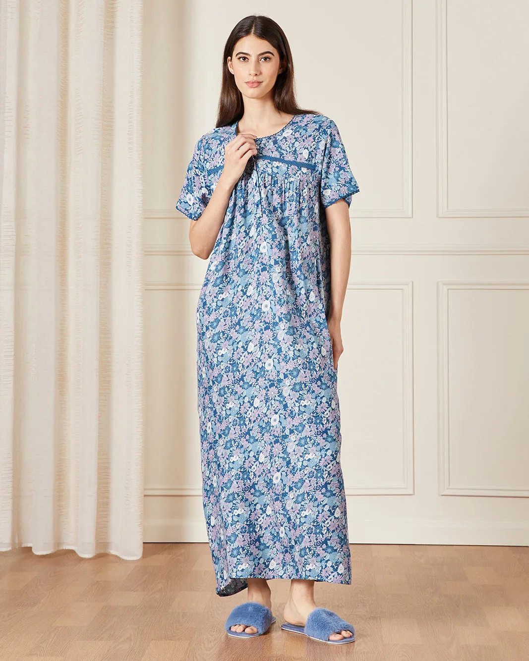 Women Blue Printed Nightgown sold by Redtag