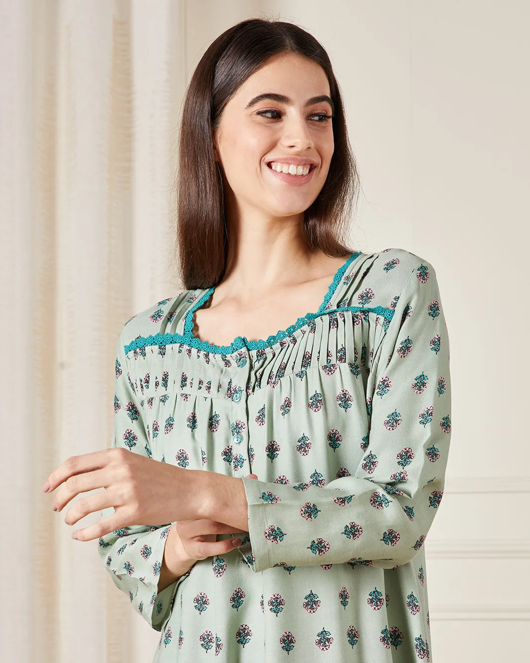 Women Teal Allover Print With Embroidered details Nightgown sold by Redtag product image thumbnail 2