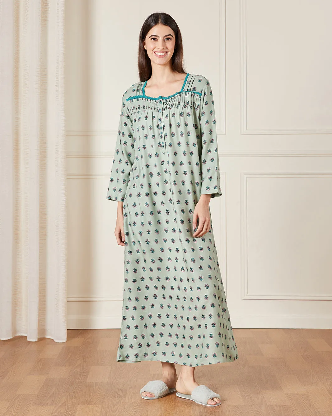 Women Teal Allover Print With Embroidered details Nightgown sold by Redtag
