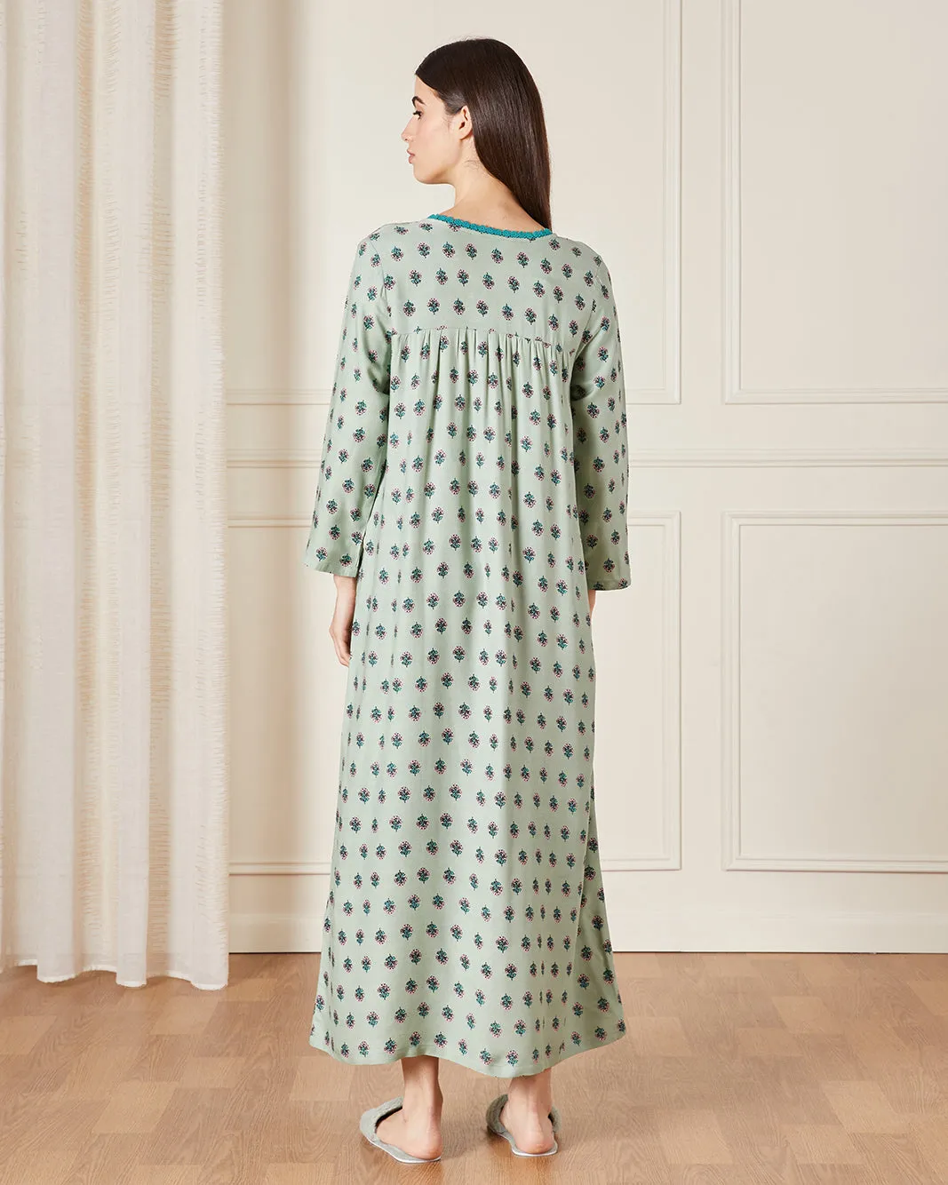 Women Teal Allover Print With Embroidered details Nightgown sold by Redtag product image thumbnail 3