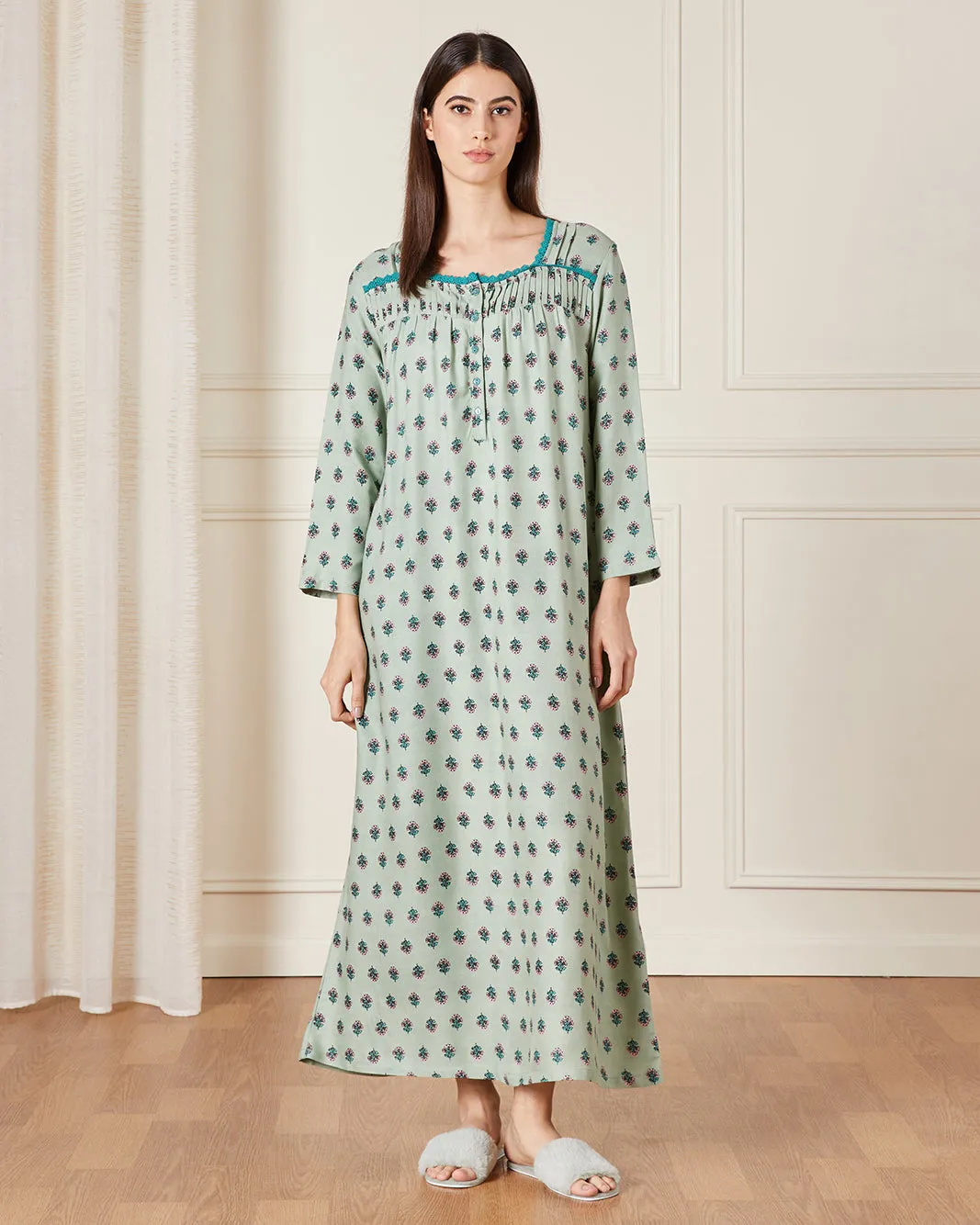 Women Teal Allover Print With Embroidered details Nightgown sold by Redtag product image thumbnail 4