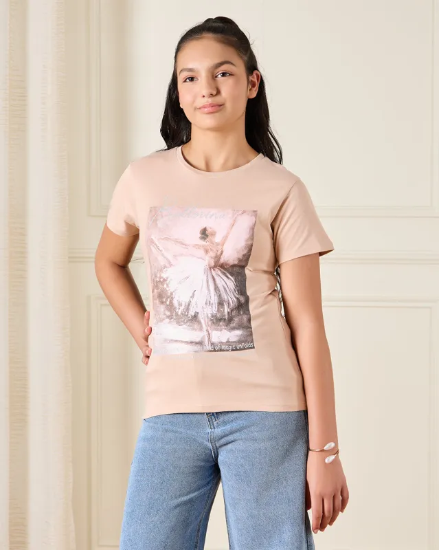 Senior Girls Beige Printed T-shirt sold by Redtag