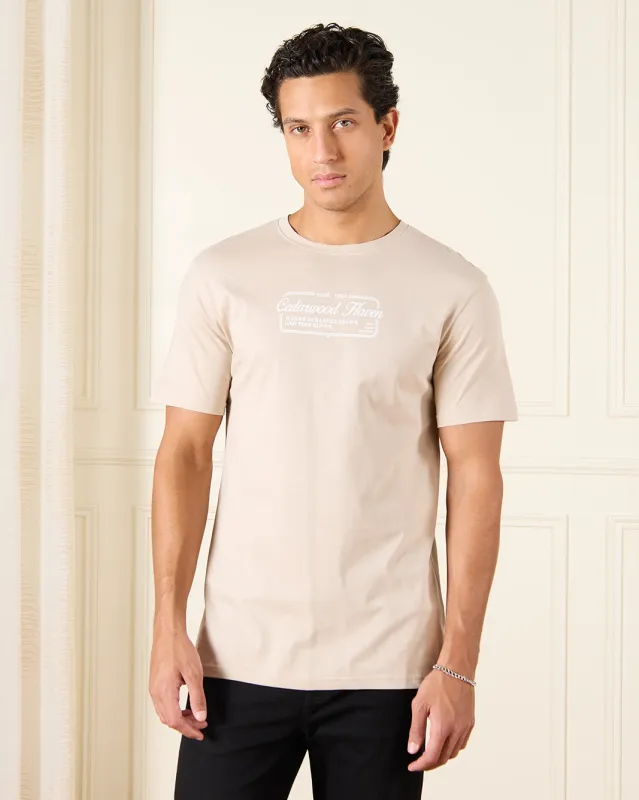Men Beige Basic Graphic T-Shirt sold by Redtag
