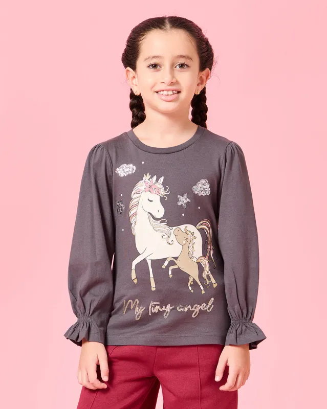 Girls Charcoal Horse Placement Print T-Shirt sold by Redtag