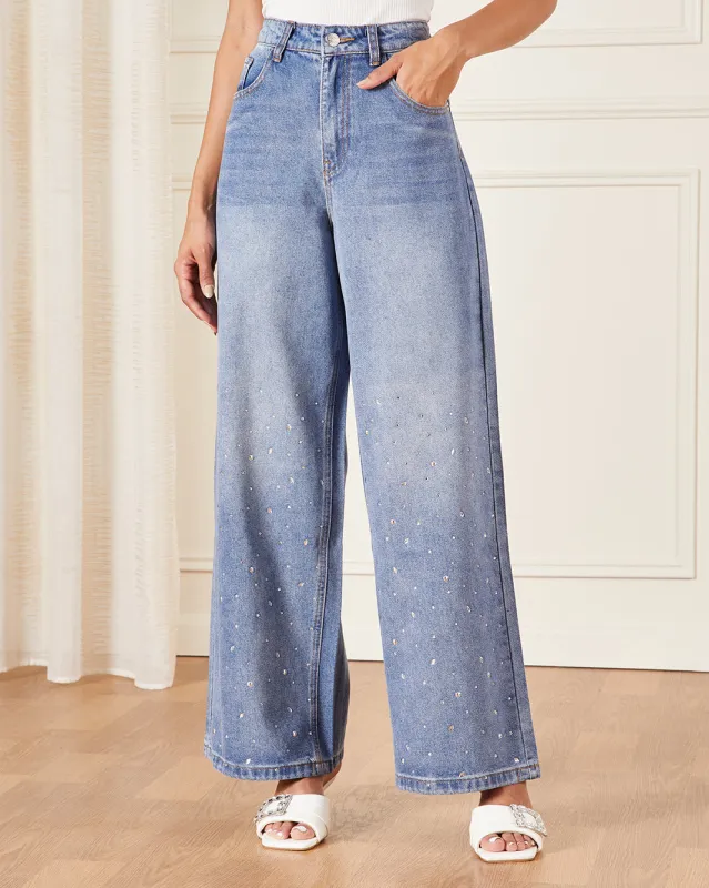 Women Blue Embellished Wide Leg Jeans sold by Redtag