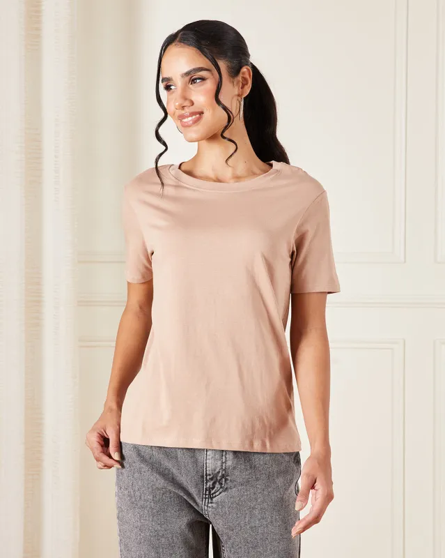 Women Taupe Basic Crew Neck T-Shirt sold by Redtag