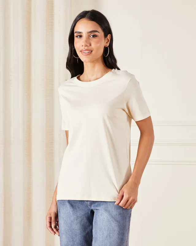 Women Cream Basic Crew Neck T-Shirt sold by Redtag