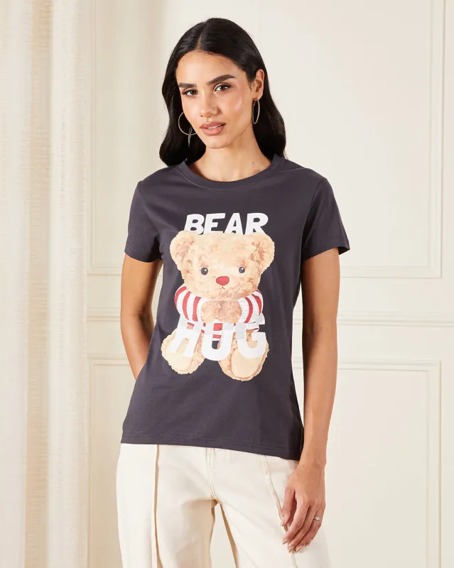 Women Charcoal Printed T-Shirt sold by Redtag