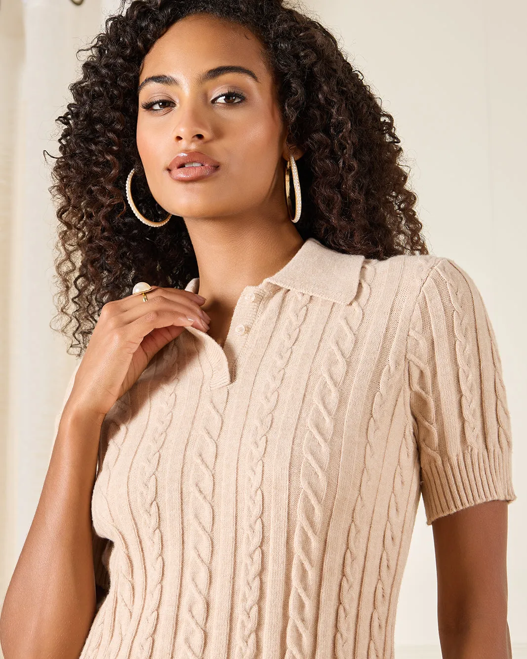 Women Beige Knitted Polo Pullover sold by Redtag product image thumbnail 4