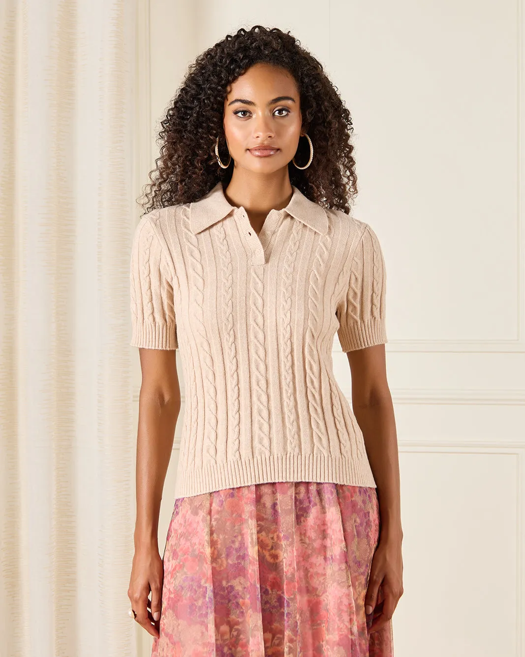 Women Beige Knitted Polo Pullover sold by Redtag