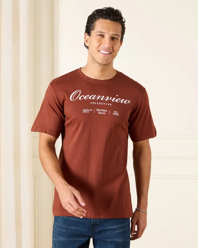 Men Brown Basic Graphic T-Shirt sold by Redtag