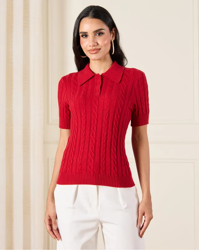 Women Red Polo Cable Knitted Top sold by Redtag