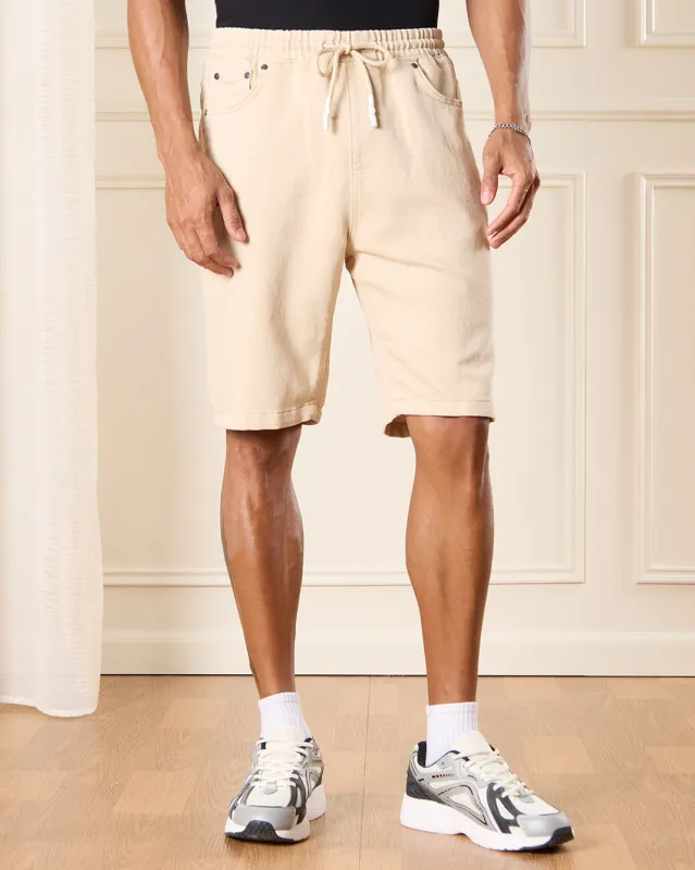 Men Beige Knit Denim Shorts sold by Redtag