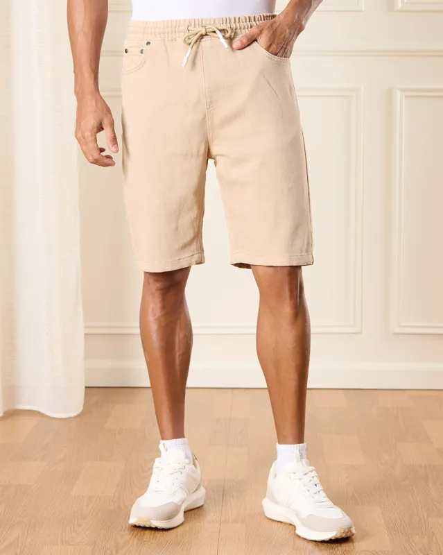 Men Beige Knit Denim Shorts sold by Redtag