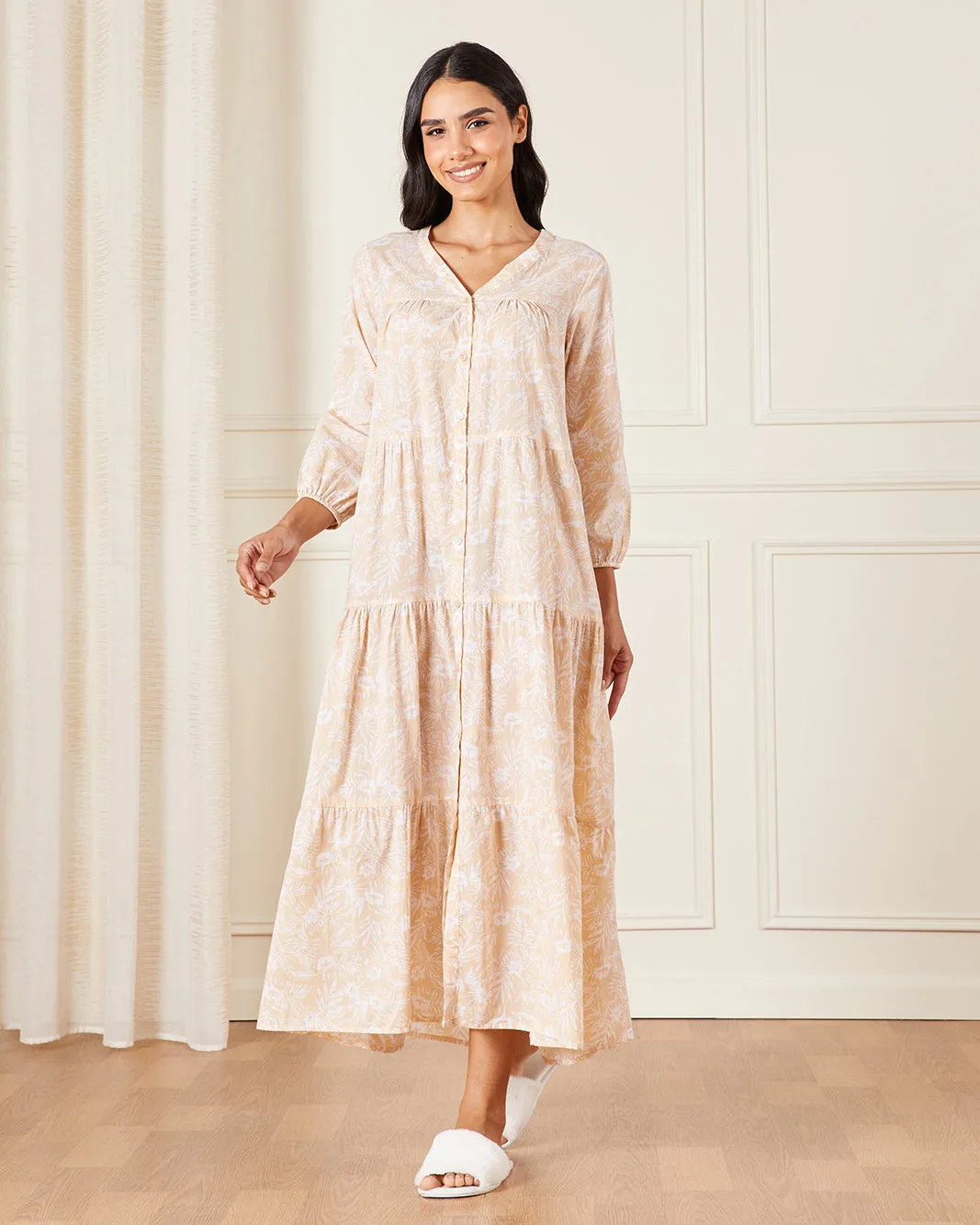 Women Beige All Over Print Nightgown sold by Redtag