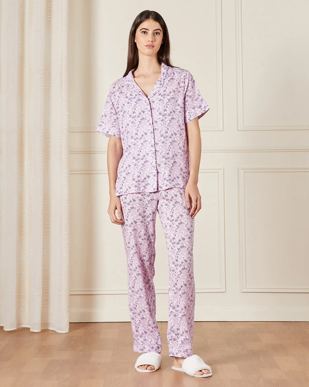Women Lilac Collared Pyjama Set (2 Piece) sold by Redtag