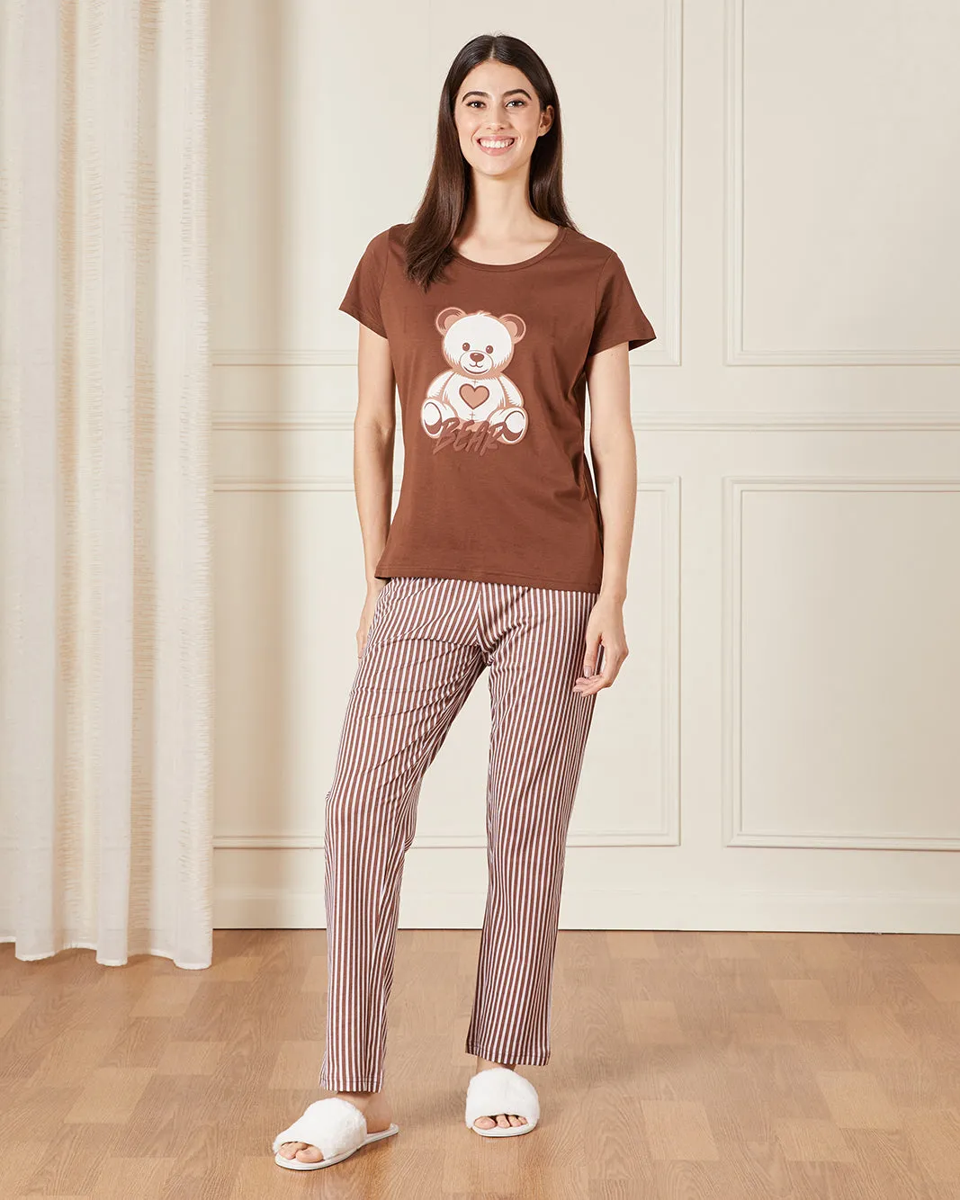Women Brown Printed Pyjama Set (2 Piece) sold by Redtag