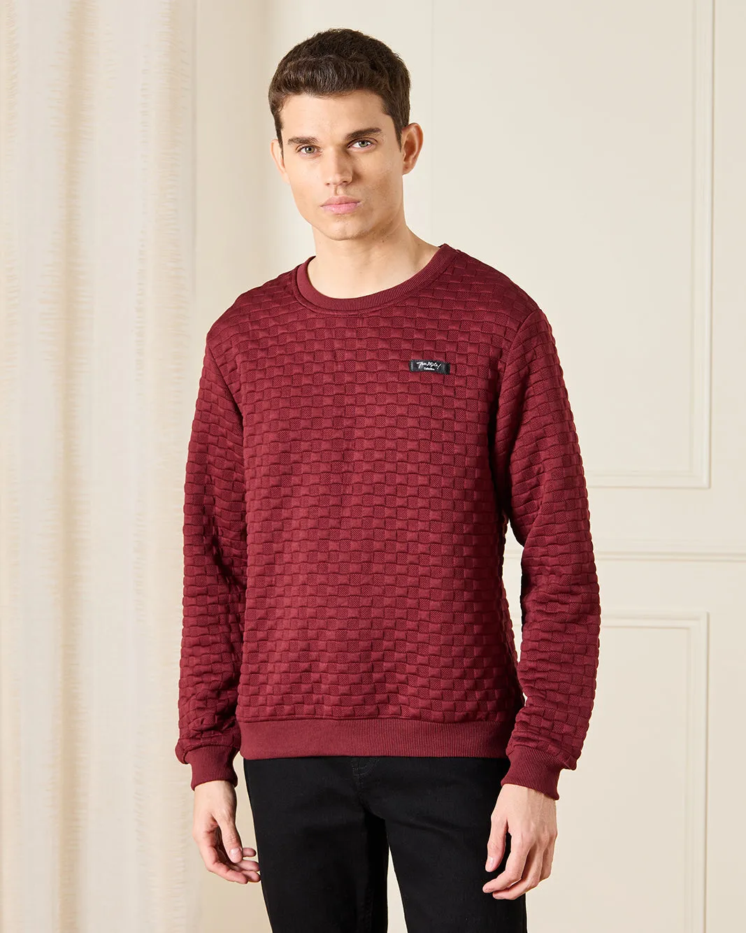 Men Burgundy Textured Sweatshirt sold by Redtag