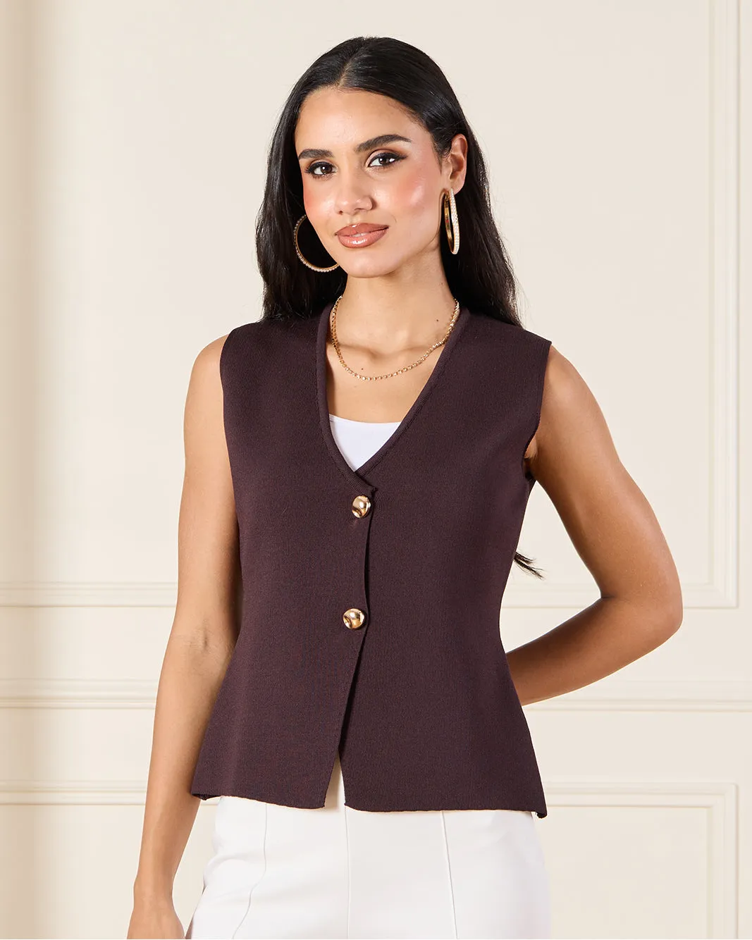 Women Brown Vest With Gold Button sold by Redtag