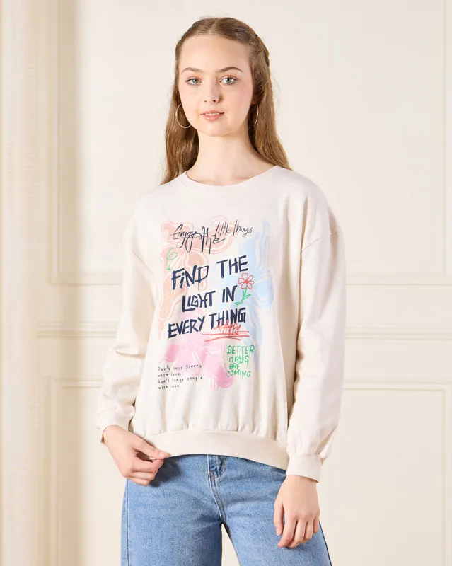 Senior Girls Beige Printed Drop Shoulder Sweatshirt sold by Redtag