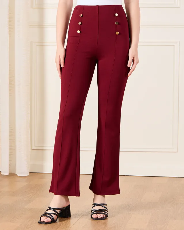 Senior Girls Burgundy Flared Ponte Leggings With Front Buttons sold by Redtag