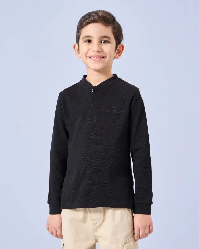 Boys Black Jacquard Henley T-Shirt sold by Redtag