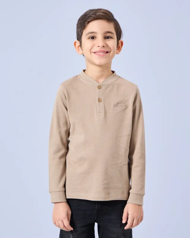 Boys Tan Jacquard Henley T-Shirt sold by Redtag