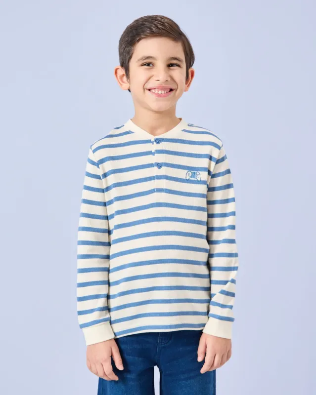 Boys Blue Striped Henley T-Shirt sold by Redtag