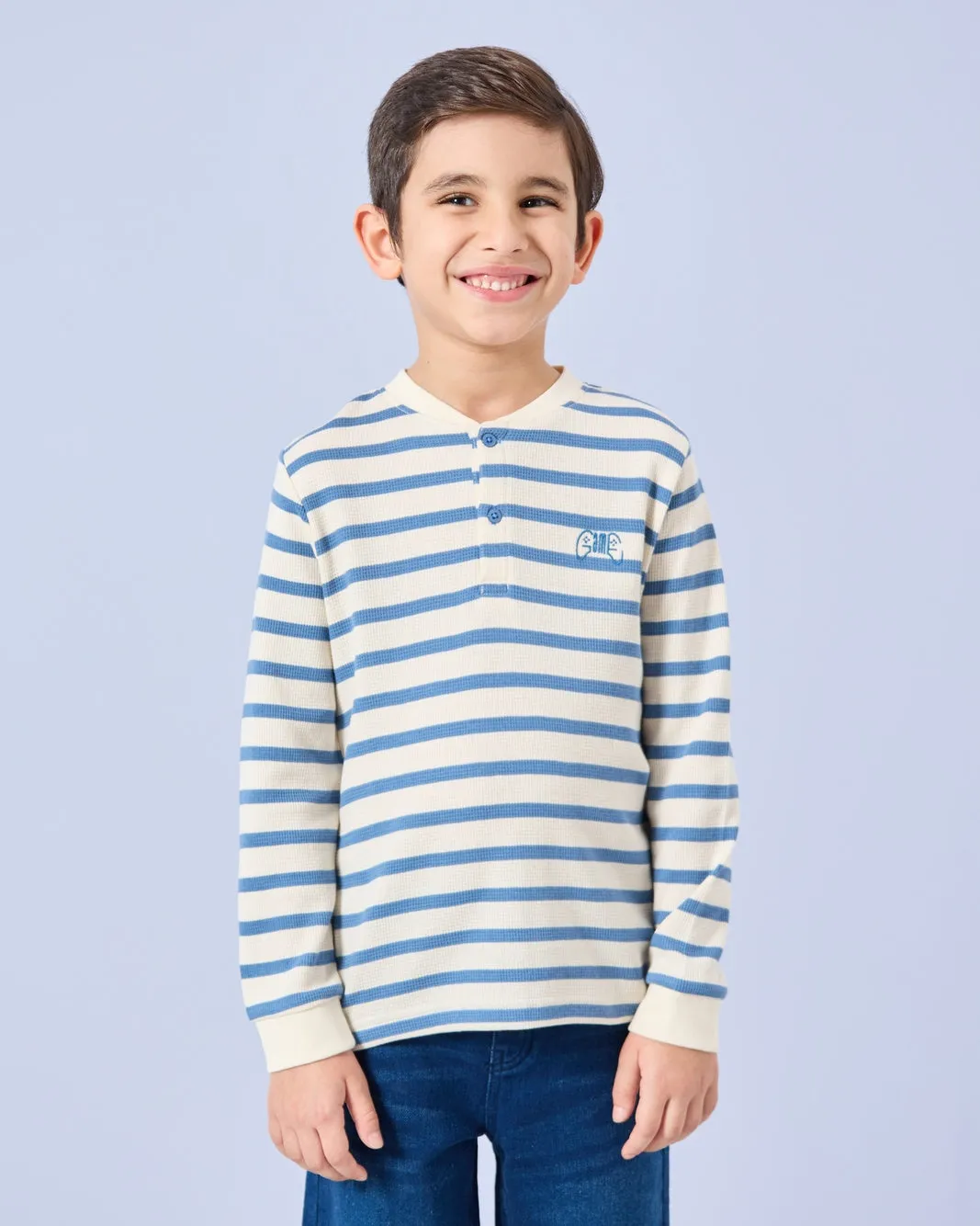 Boys Blue Striped Henley T-Shirt sold by Redtag