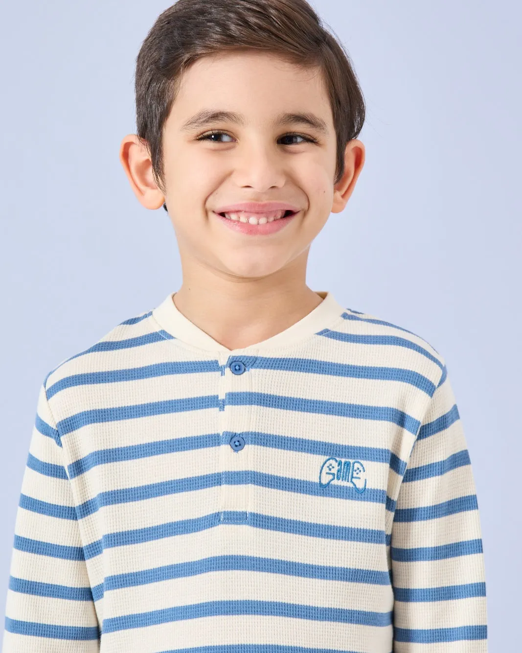 Boys Blue Striped Henley T-Shirt sold by Redtag product image thumbnail 4
