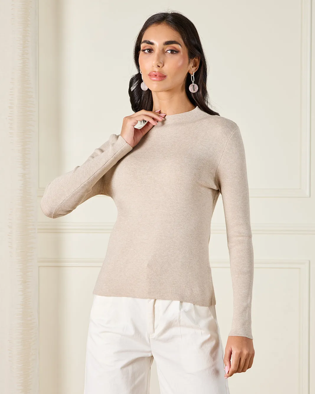 Women Beige Turtle Neck Knitted Top sold by Redtag