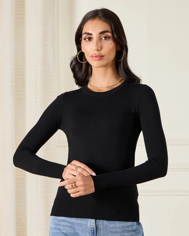 Women Black Crew Neck Knitted Top sold by Redtag
