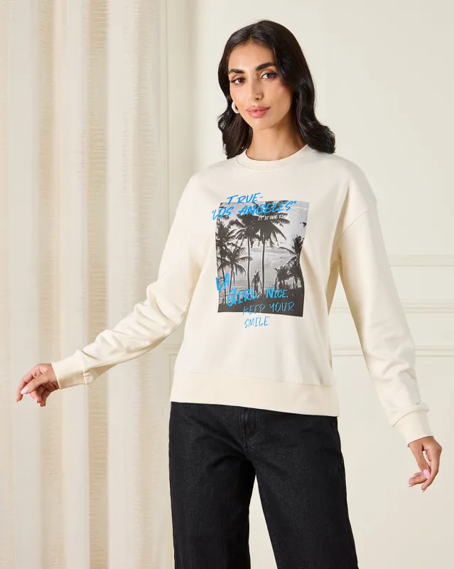 Women Ivory Palm Printed Sweatshirt sold by Redtag