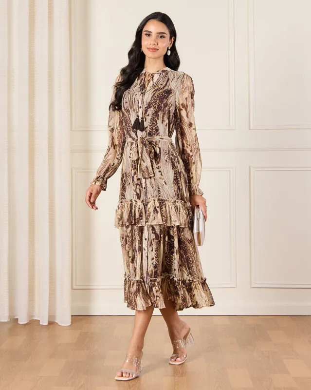 Women Beige Printed Frill Detail Dress sold by Redtag