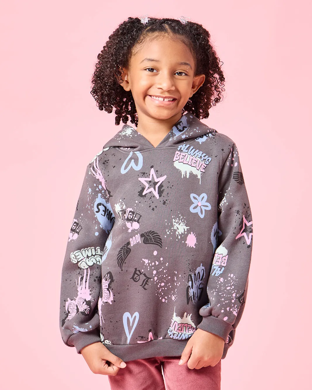 Girls Charcoal Graffiti Hooded Sweatshirt sold by Redtag