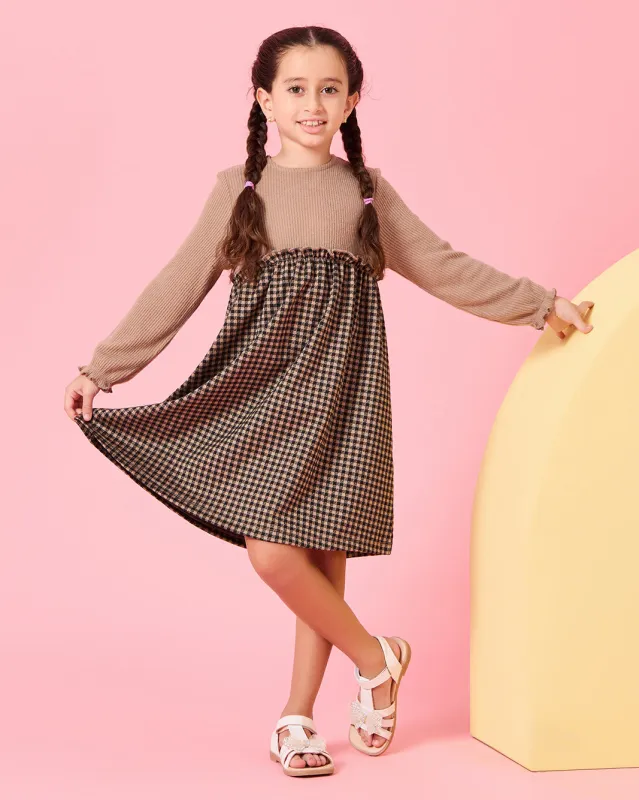Girls Beige Checkered Dress sold by Redtag