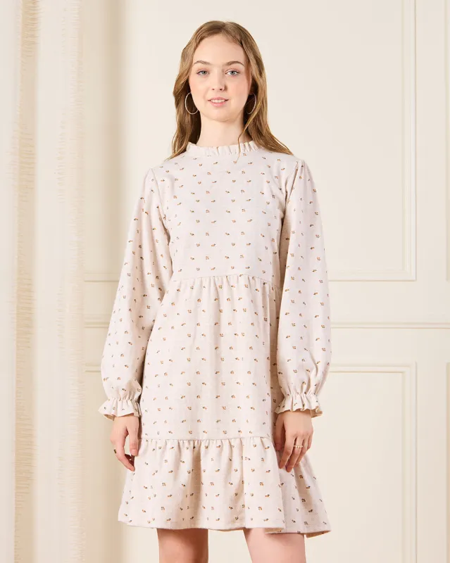 Senior Girls Beige Floral Print Layered Dress sold by Redtag