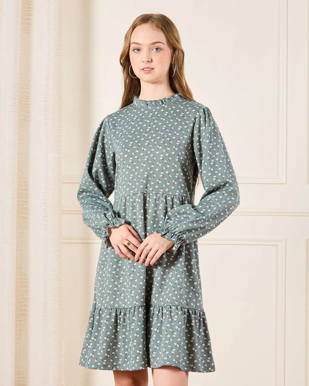 Senior Girls Green Floral Print Layered Dress sold by Redtag