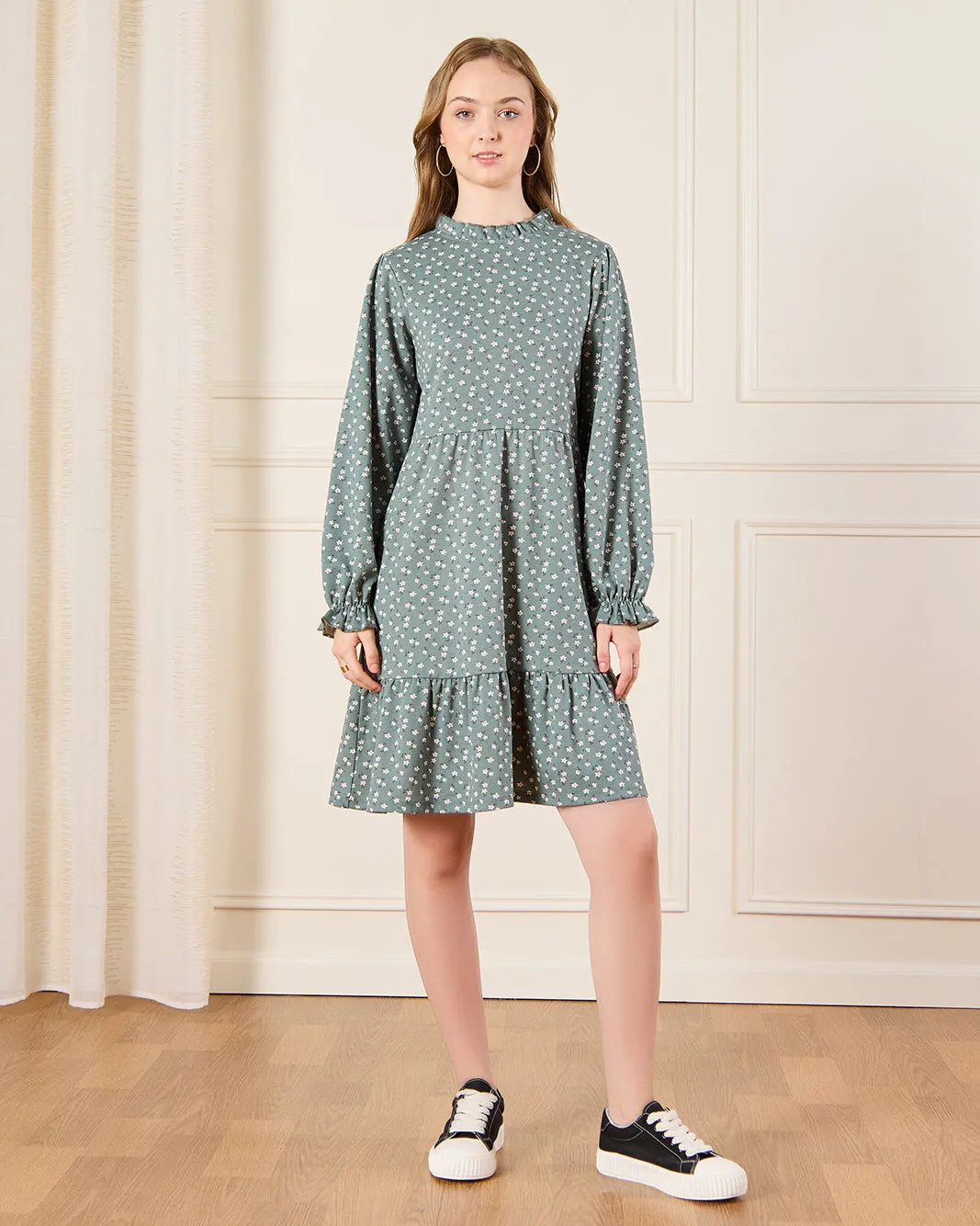 Senior Girls Green Floral Print Layered Dress sold by Redtag product image thumbnail 2