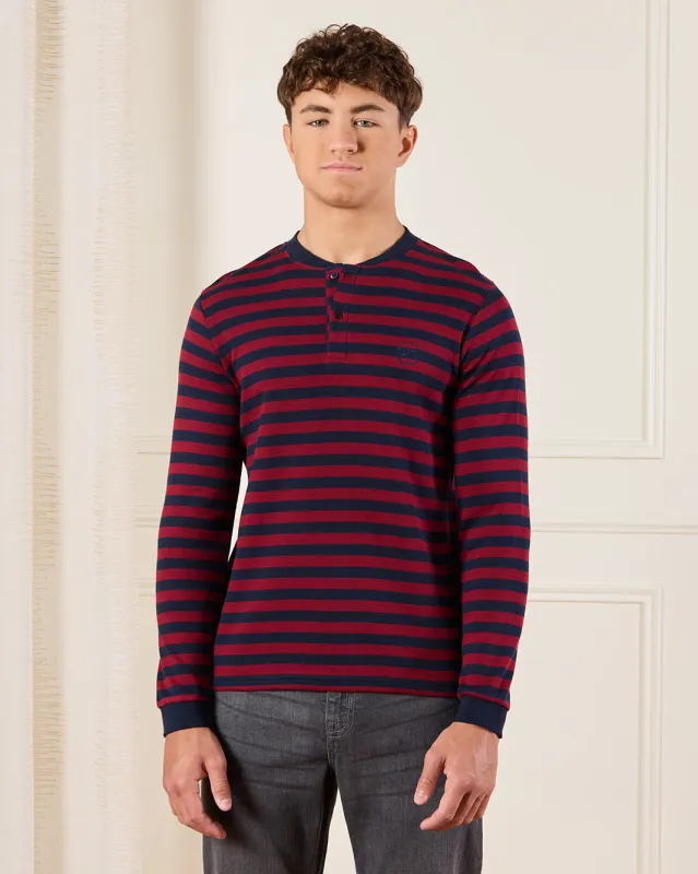 Senior Boys Burgundy And Navy Striped T-Shirt sold by Redtag