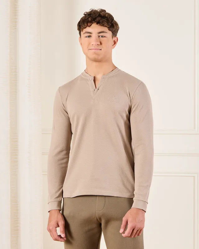 Senior Boys Beige Long Sleeve Henley T-Shirt sold by Redtag