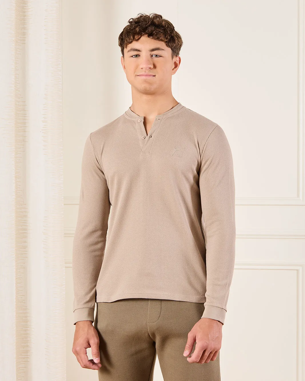 Senior Boys Beige Long Sleeve Henley T-Shirt sold by Redtag