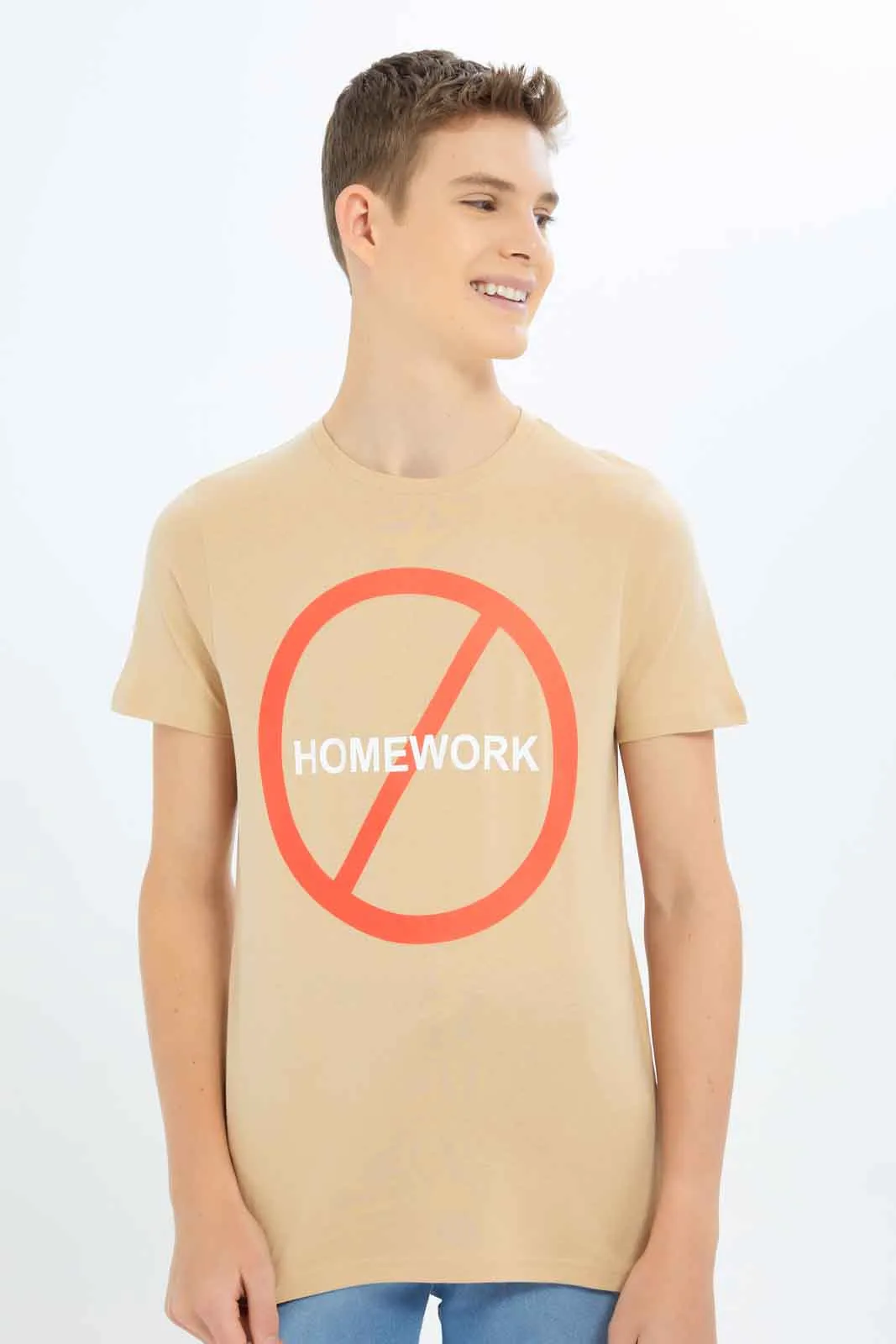 Boys Beige Homework Printed T-Shirt sold by Redtag