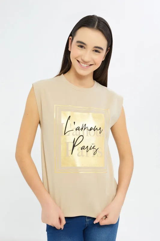 Senior Girls Beige Sleeveless printed Top sold by Redtag