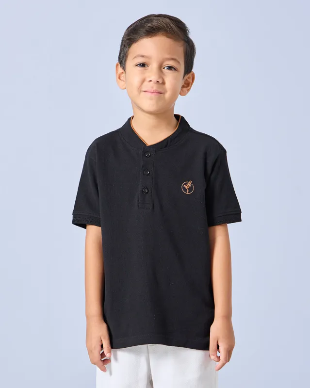 Boys Black Mandarin Collar Polo Shirt sold by Redtag