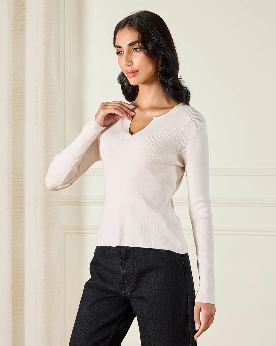 Women Ivory V-Neck Knitted Top sold by Redtag