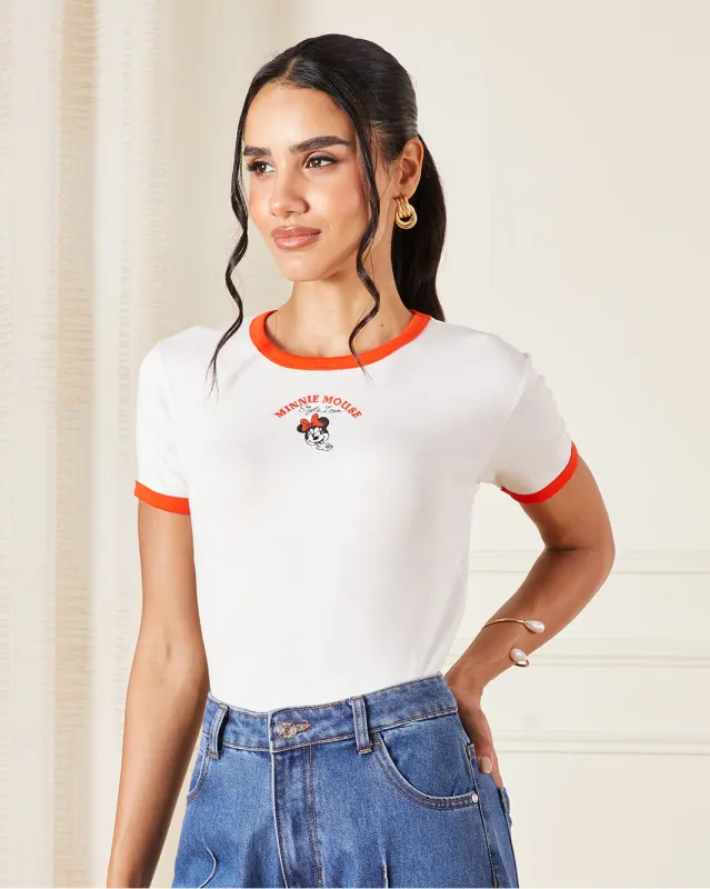 Women White Minnie Printed Rib T-Shirt sold by Redtag