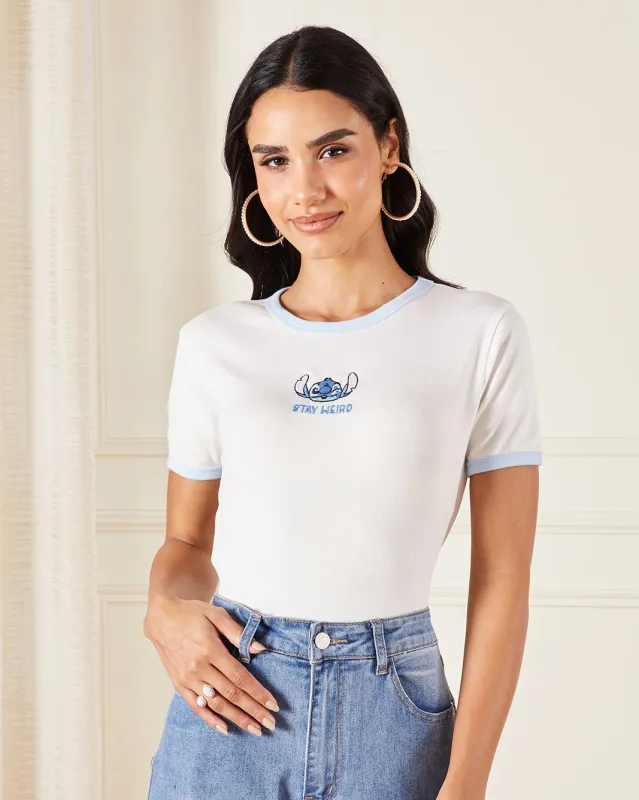 Women White Stitch Printed Rib T-Shirt sold by Redtag
